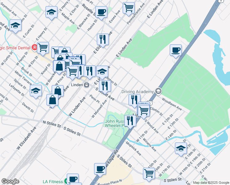 map of restaurants, bars, coffee shops, grocery stores, and more near 20 East Munsell Avenue in Linden