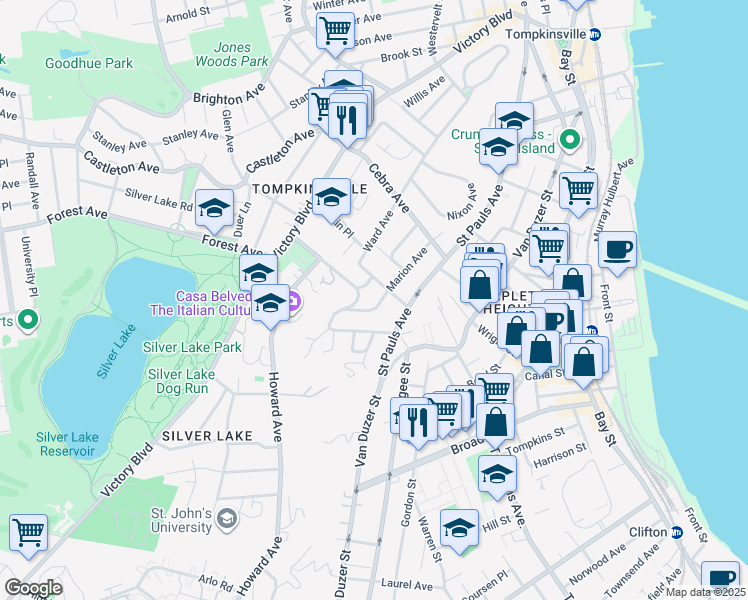 map of restaurants, bars, coffee shops, grocery stores, and more near 25 Sunrise Terrace in Staten Island