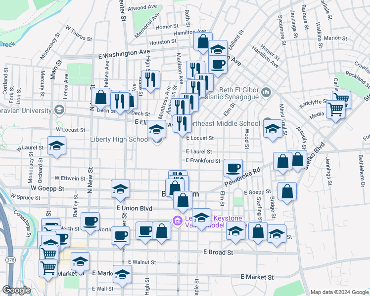 map of restaurants, bars, coffee shops, grocery stores, and more near 1106 Linden Street in Bethlehem