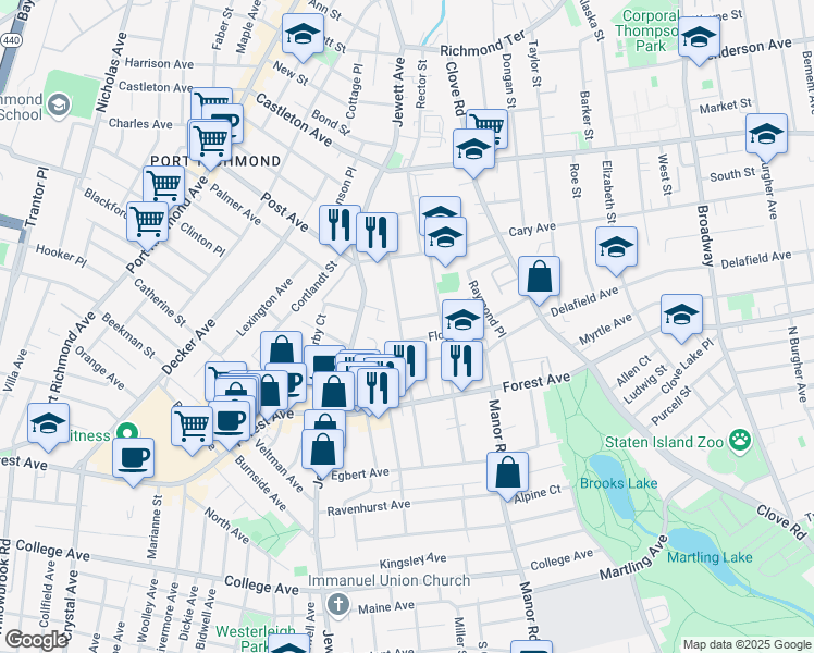 map of restaurants, bars, coffee shops, grocery stores, and more near 117 Dubois Avenue in Staten Island