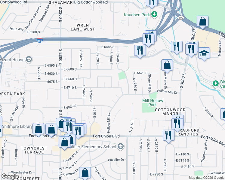map of restaurants, bars, coffee shops, grocery stores, and more near 2608 East 6710 South in Cottonwood Heights