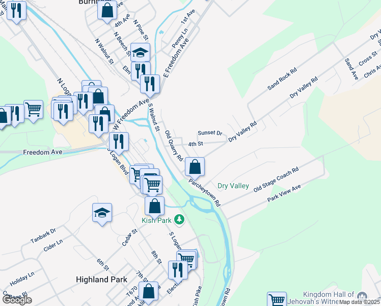 map of restaurants, bars, coffee shops, grocery stores, and more near 409 Locust Street in Burnham