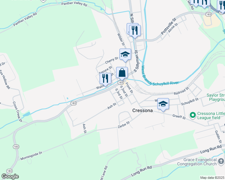 map of restaurants, bars, coffee shops, grocery stores, and more near 41 Chestnut Street in Cressona