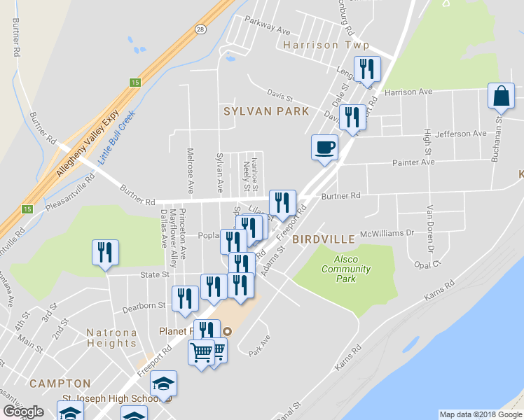 map of restaurants, bars, coffee shops, grocery stores, and more near 1016 Lilac Street in Natrona Heights