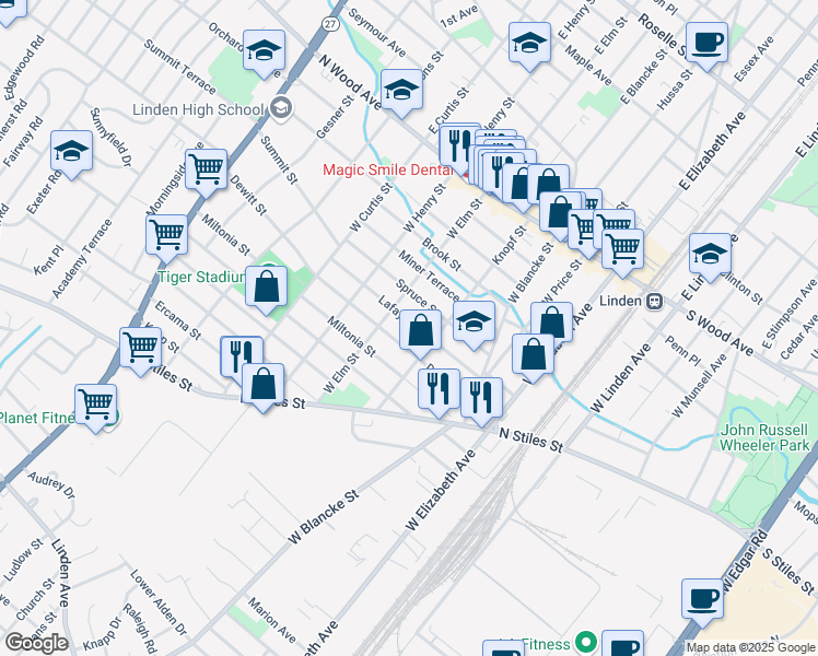 map of restaurants, bars, coffee shops, grocery stores, and more near 425 Lafayette Street in Linden