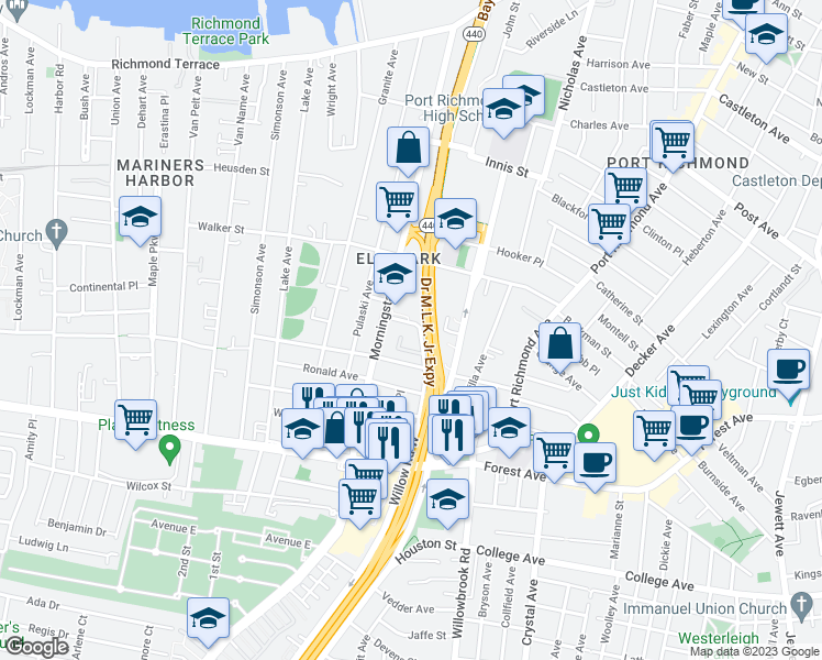 map of restaurants, bars, coffee shops, grocery stores, and more near 22 Saint Adalbert Place South in Staten Island