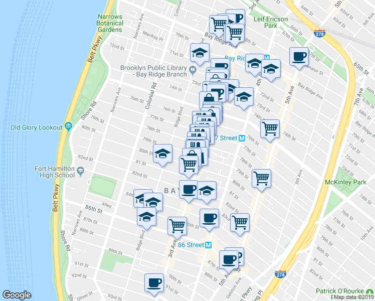 map of restaurants, bars, coffee shops, grocery stores, and more near 255 79th Street in Brooklyn