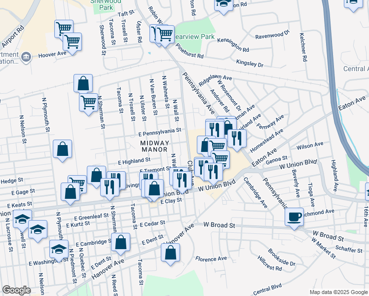 map of restaurants, bars, coffee shops, grocery stores, and more near 1114 Club Avenue in Allentown