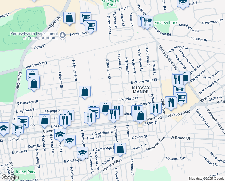 map of restaurants, bars, coffee shops, grocery stores, and more near 1124 North Sherman Street in Allentown