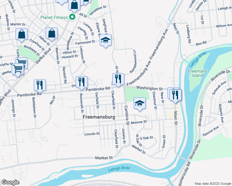 map of restaurants, bars, coffee shops, grocery stores, and more near 712 Washington Street in Freemansburg