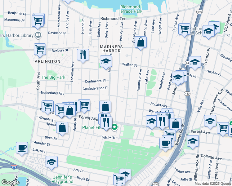 map of restaurants, bars, coffee shops, grocery stores, and more near 278 Van Pelt Avenue in Staten Island