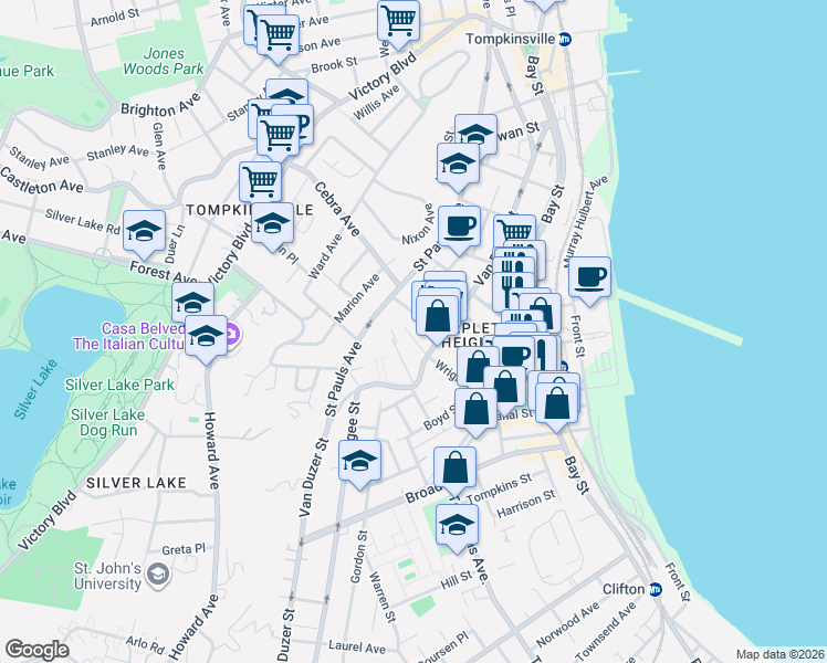 map of restaurants, bars, coffee shops, grocery stores, and more near 132 Beach Street in Staten Island