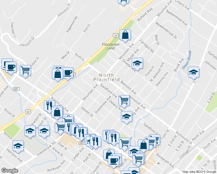 map of restaurants, bars, coffee shops, grocery stores, and more near 190 Sandford Avenue in North Plainfield