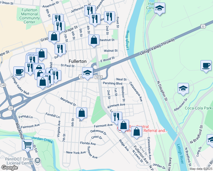 map of restaurants, bars, coffee shops, grocery stores, and more near 222 Pershing Boulevard in Fullerton