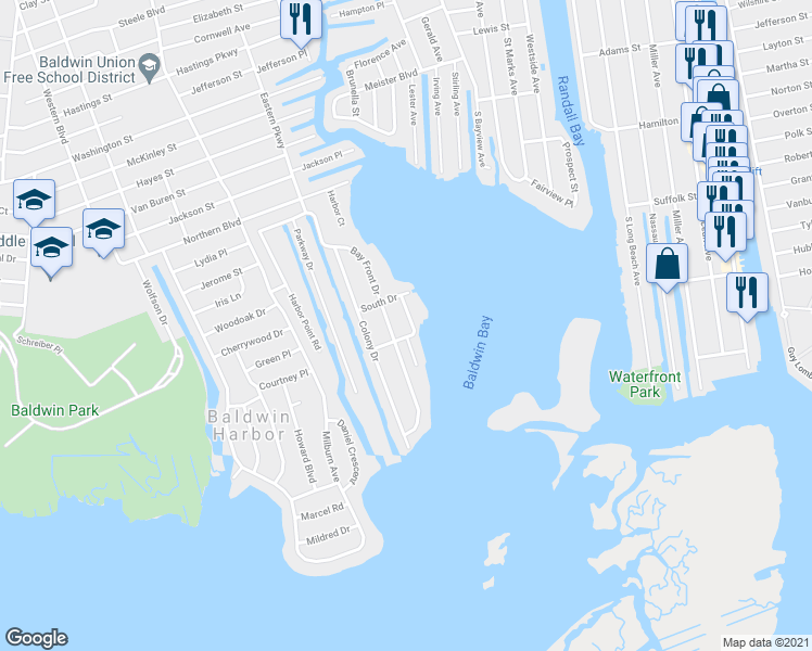 map of restaurants, bars, coffee shops, grocery stores, and more near 3400 Bay Front Place in Baldwin