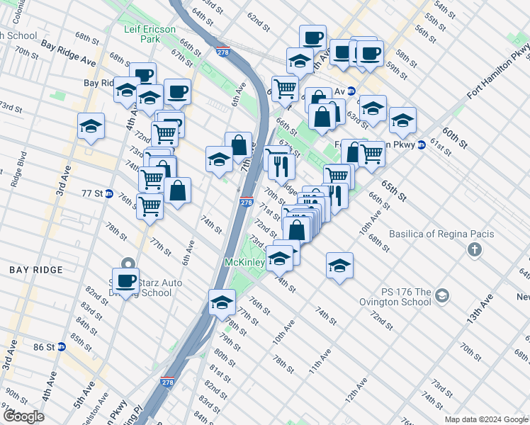 map of restaurants, bars, coffee shops, grocery stores, and more near 7103 8th Avenue in Brooklyn