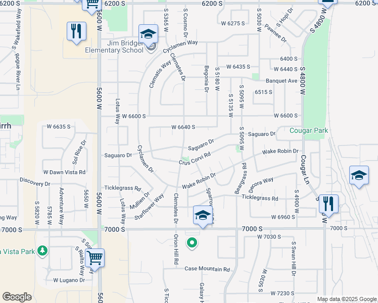 map of restaurants, bars, coffee shops, grocery stores, and more near 5281 Saguaro Drive in West Jordan