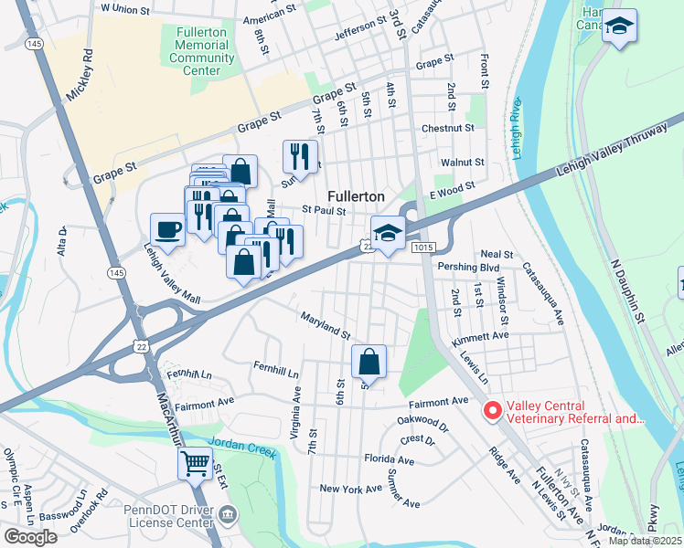 map of restaurants, bars, coffee shops, grocery stores, and more near 522 6th St in Fullerton