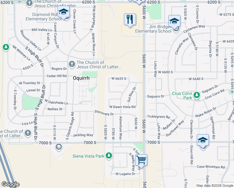 map of restaurants, bars, coffee shops, grocery stores, and more near 5751 West Early Dawn Drive in West Jordan