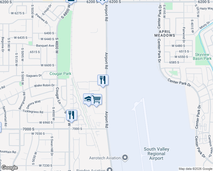 map of restaurants, bars, coffee shops, grocery stores, and more near 6404 Airport Road in West Jordan