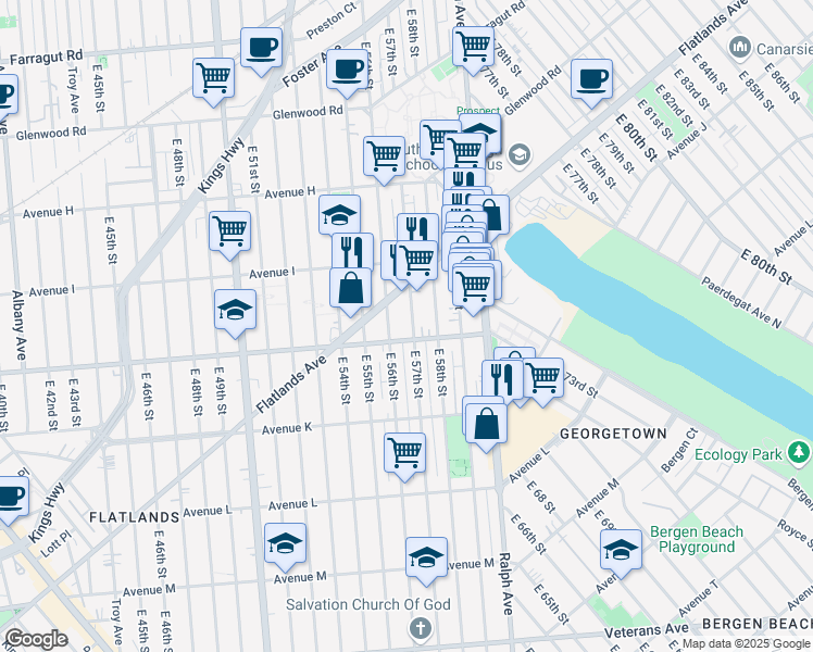 map of restaurants, bars, coffee shops, grocery stores, and more near 968 East 57th Street in Brooklyn