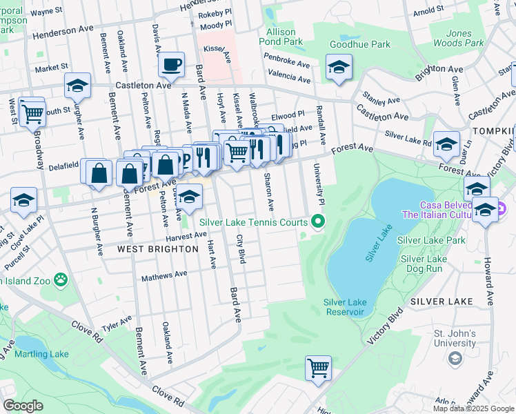 map of restaurants, bars, coffee shops, grocery stores, and more near 593 Metropolitan Avenue in Staten Island