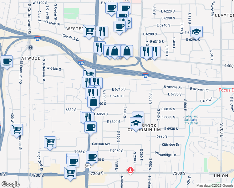 map of restaurants, bars, coffee shops, grocery stores, and more near 157 E 6740 S in Midvale