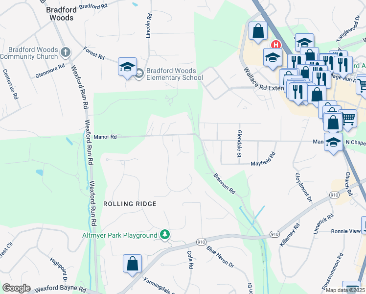 map of restaurants, bars, coffee shops, grocery stores, and more near 222 Cottonwood Lane in Wexford