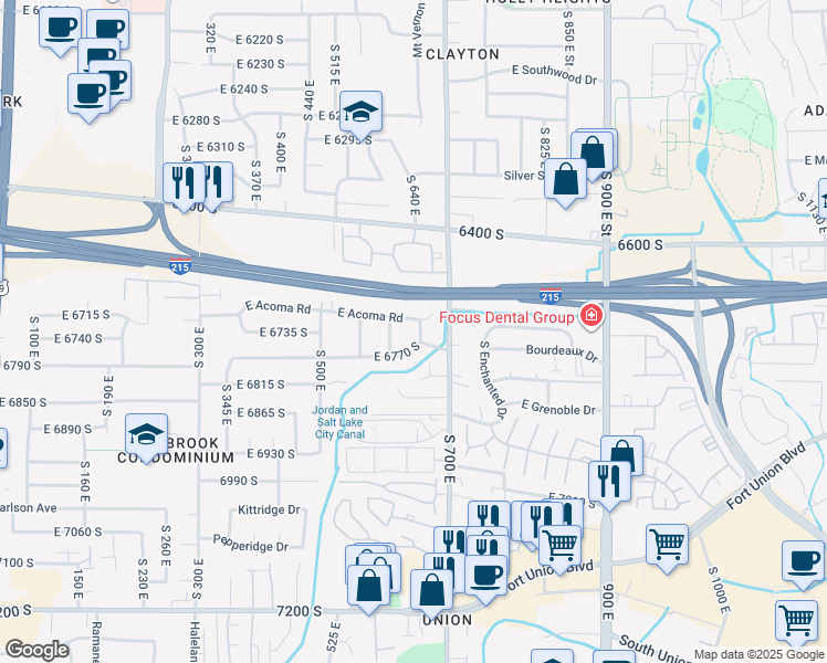 map of restaurants, bars, coffee shops, grocery stores, and more near 6729 Acoma Road in Midvale