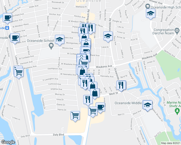 map of restaurants, bars, coffee shops, grocery stores, and more near 3362 4th Street in Oceanside