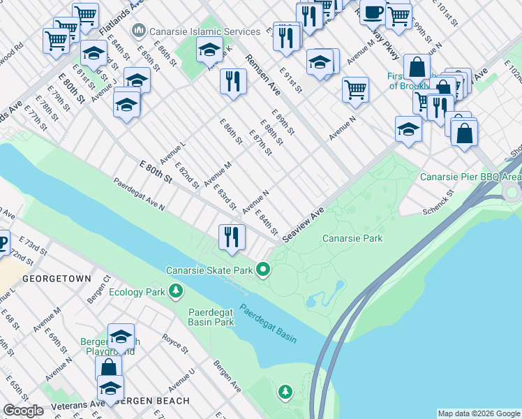 map of restaurants, bars, coffee shops, grocery stores, and more near 1421 East 84th Street in Brooklyn