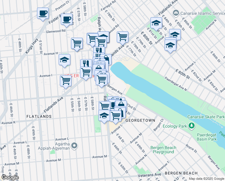 map of restaurants, bars, coffee shops, grocery stores, and more near 1072 Bergen Avenue in Brooklyn