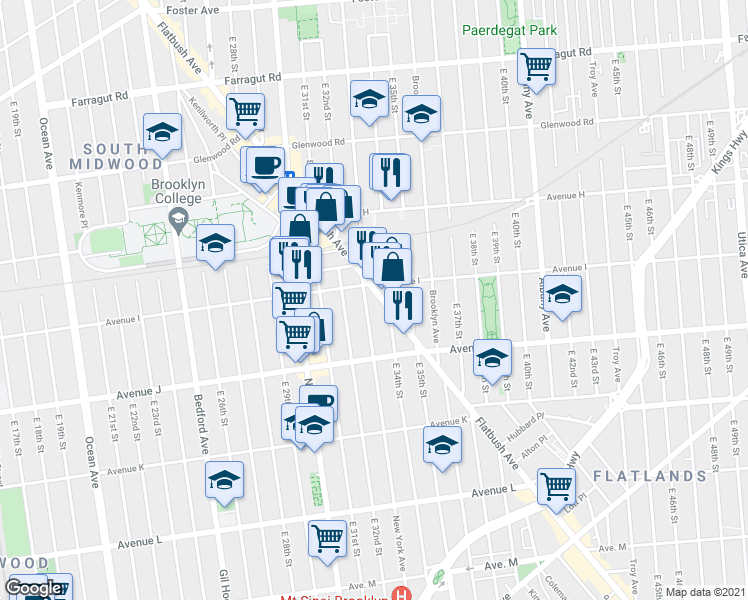map of restaurants, bars, coffee shops, grocery stores, and more near 1692 Flatbush Avenue in Brooklyn