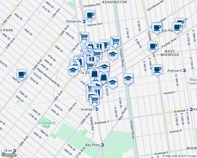 map of restaurants, bars, coffee shops, grocery stores, and more near 65 Parkville Avenue in Brooklyn