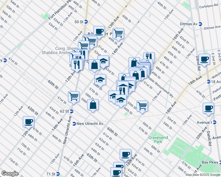 map of restaurants, bars, coffee shops, grocery stores, and more near 1515 55th Street in Brooklyn