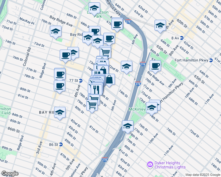 map of restaurants, bars, coffee shops, grocery stores, and more near 7414 6th Avenue in Brooklyn