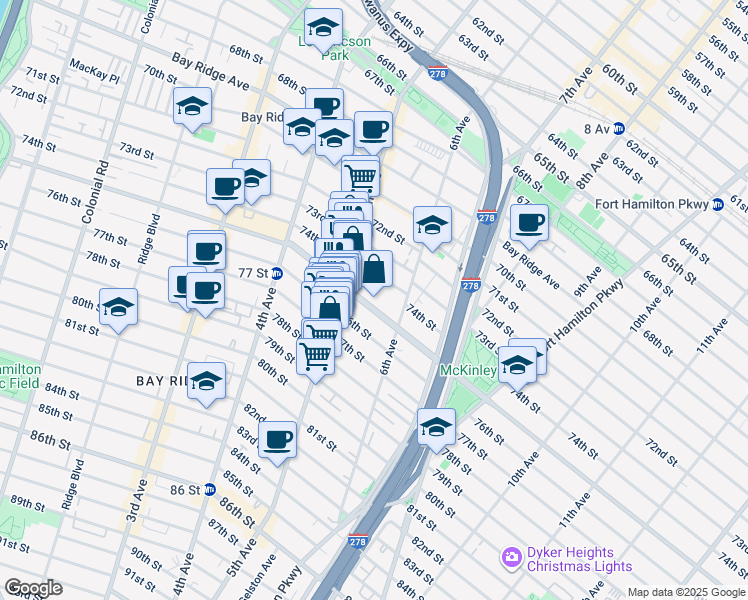 map of restaurants, bars, coffee shops, grocery stores, and more near 530 Bay Ridge Parkway in Brooklyn