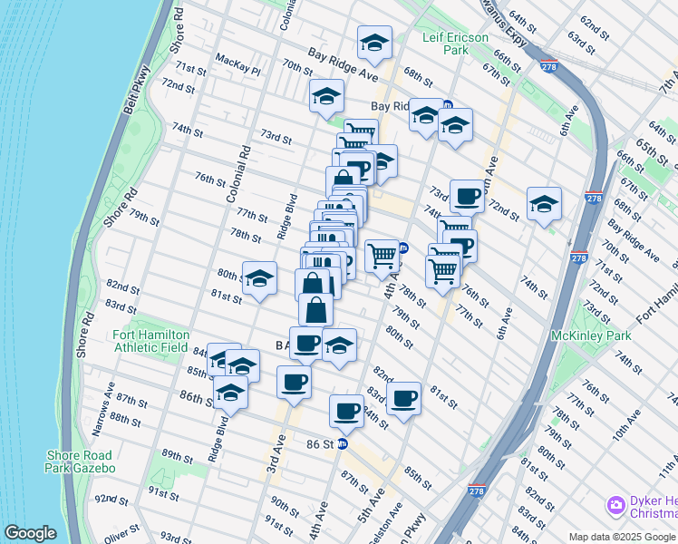 map of restaurants, bars, coffee shops, grocery stores, and more near 324 78th Street in Brooklyn