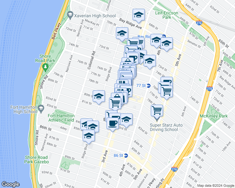 map of restaurants, bars, coffee shops, grocery stores, and more near 269 79th Street in Brooklyn