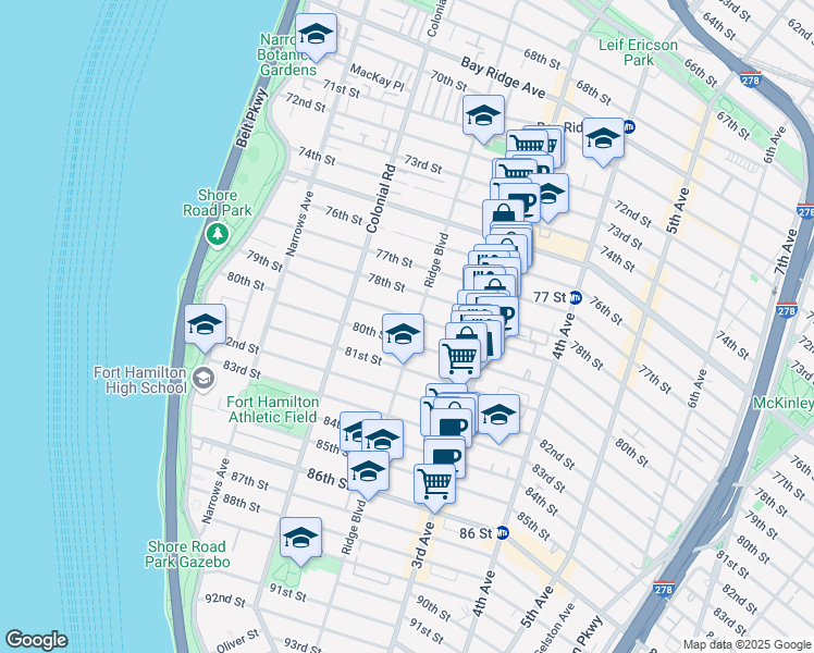map of restaurants, bars, coffee shops, grocery stores, and more near 191 80th Street in Brooklyn