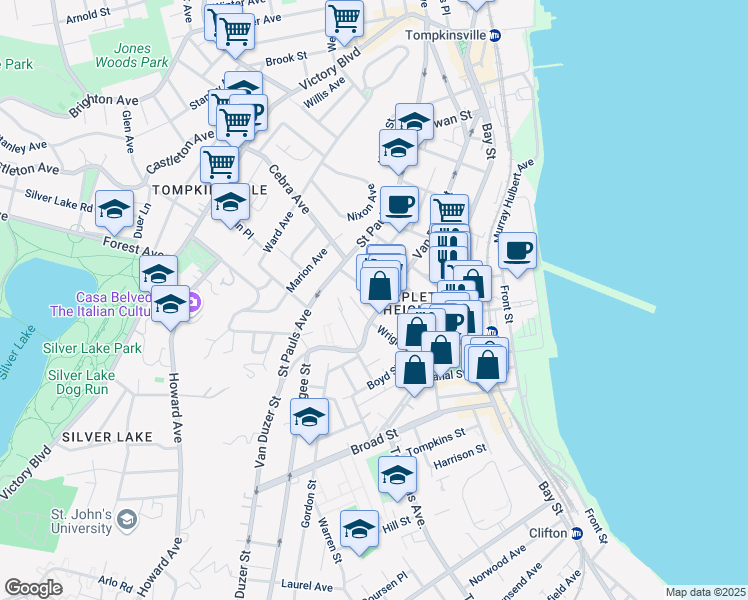 map of restaurants, bars, coffee shops, grocery stores, and more near 132 Beach Street in Staten Island
