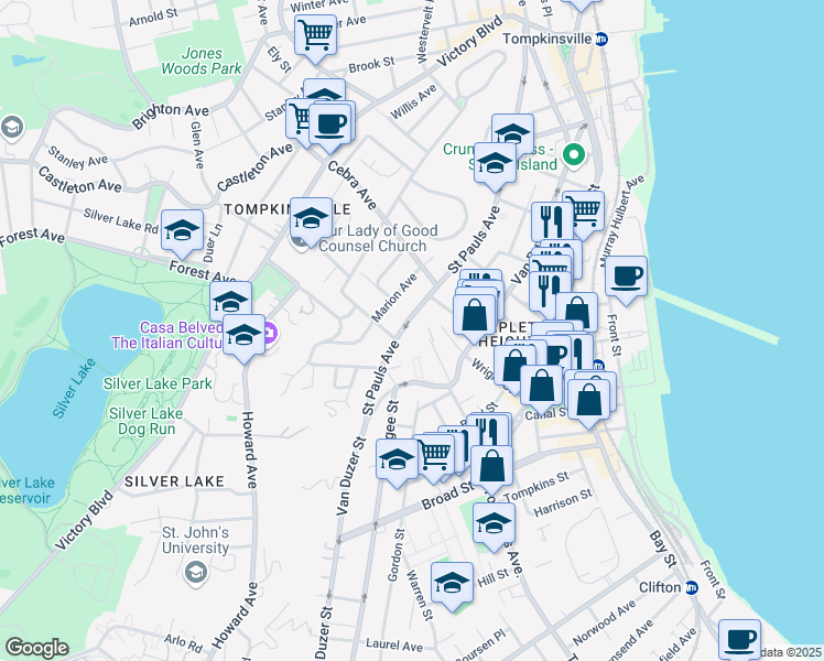 map of restaurants, bars, coffee shops, grocery stores, and more near 2 Smith Terrace in Staten Island