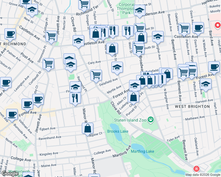 map of restaurants, bars, coffee shops, grocery stores, and more near 273 Myrtle Avenue in Staten Island