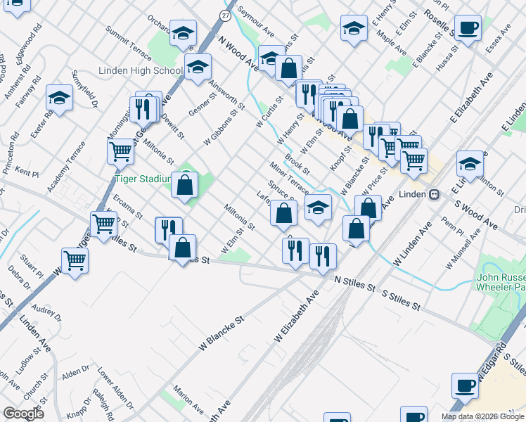 map of restaurants, bars, coffee shops, grocery stores, and more near 700 West Elm Street in Linden