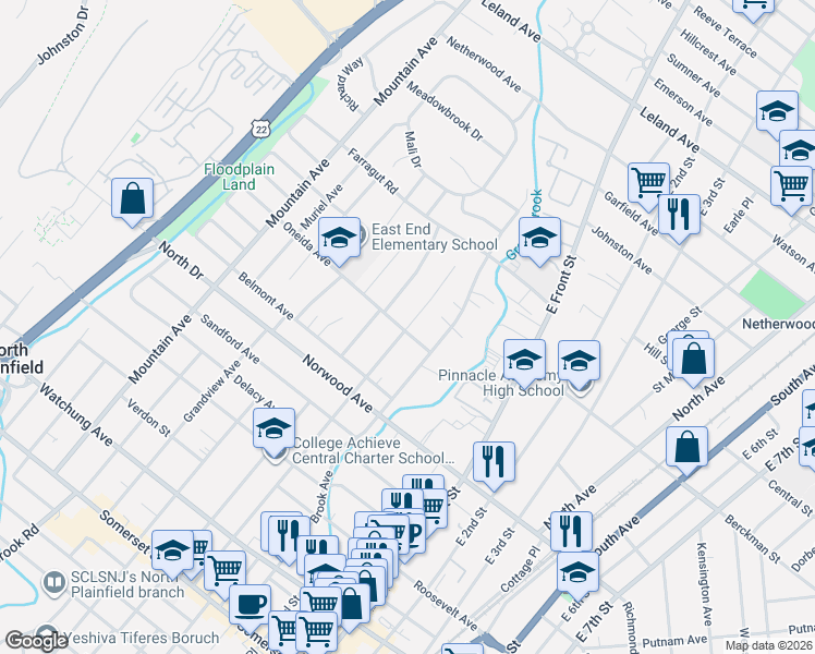 map of restaurants, bars, coffee shops, grocery stores, and more near 310 Manning Avenue in North Plainfield