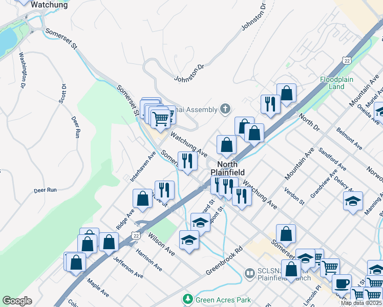 map of restaurants, bars, coffee shops, grocery stores, and more near 393 Watchung Avenue in North Plainfield