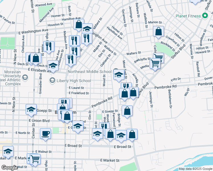 map of restaurants, bars, coffee shops, grocery stores, and more near 1110 Wood Street in Bethlehem