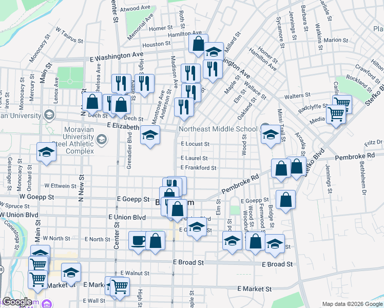 map of restaurants, bars, coffee shops, grocery stores, and more near 1107 Maple Street in Bethlehem