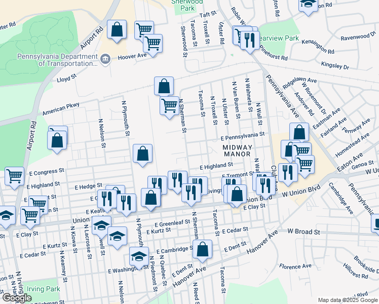 map of restaurants, bars, coffee shops, grocery stores, and more near 1124 North Sherman Street in Allentown