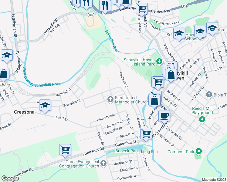 map of restaurants, bars, coffee shops, grocery stores, and more near 355 Saylor Street in Schuylkill Haven